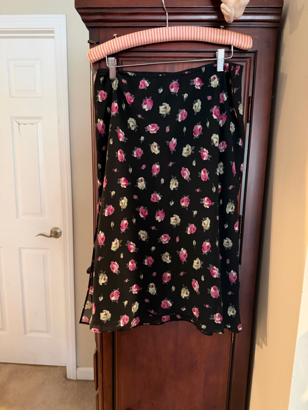 Black Floral Midi Skirt with Pink & Cream Roses